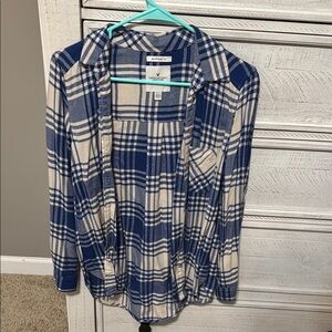 American Eagle Blue and Tan Plaid Shirt